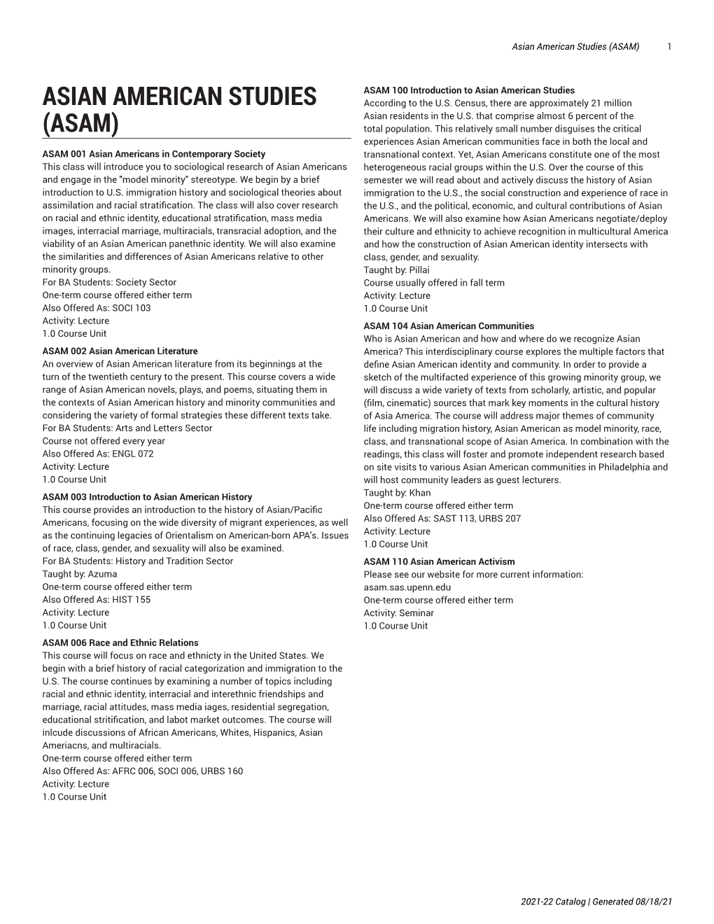 Asian American Studies (ASAM) 1