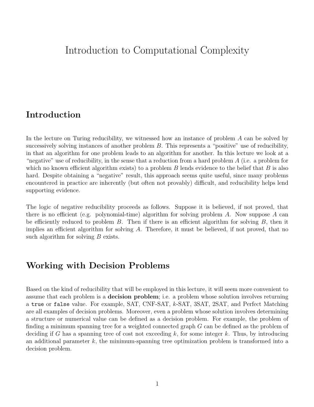 Introduction to Computational Complexity Classes