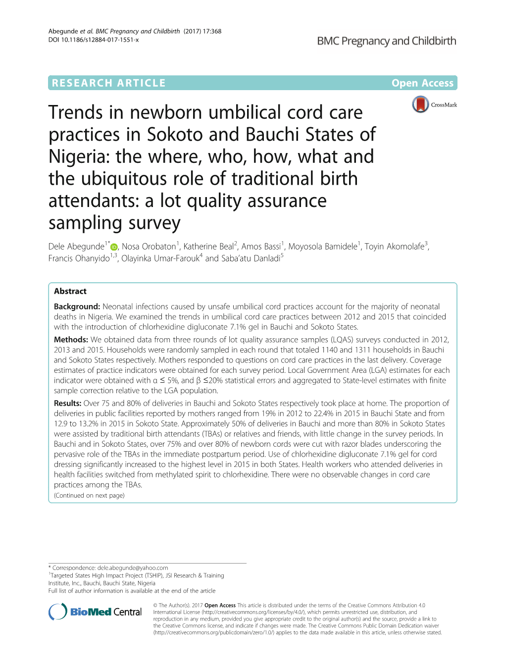 Trends in Newborn Umbilical Cord Care Practices in Sokoto and Bauchi