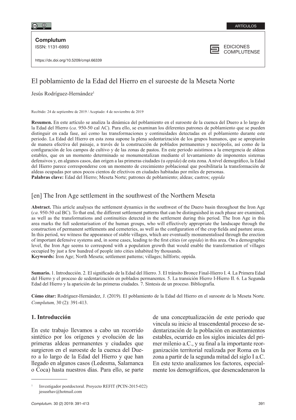 El Poblamiento De La Edad Del Hierro En El Suroeste De La Meseta Norte