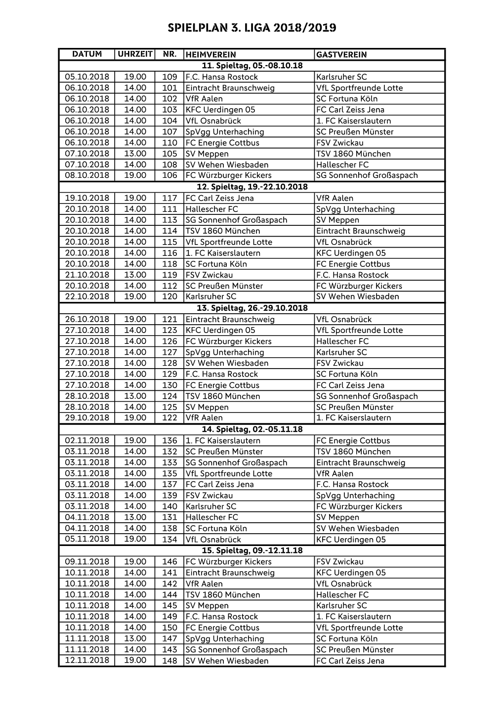 Spielplan 3. Liga 2018 2019 Spieltage 11-18