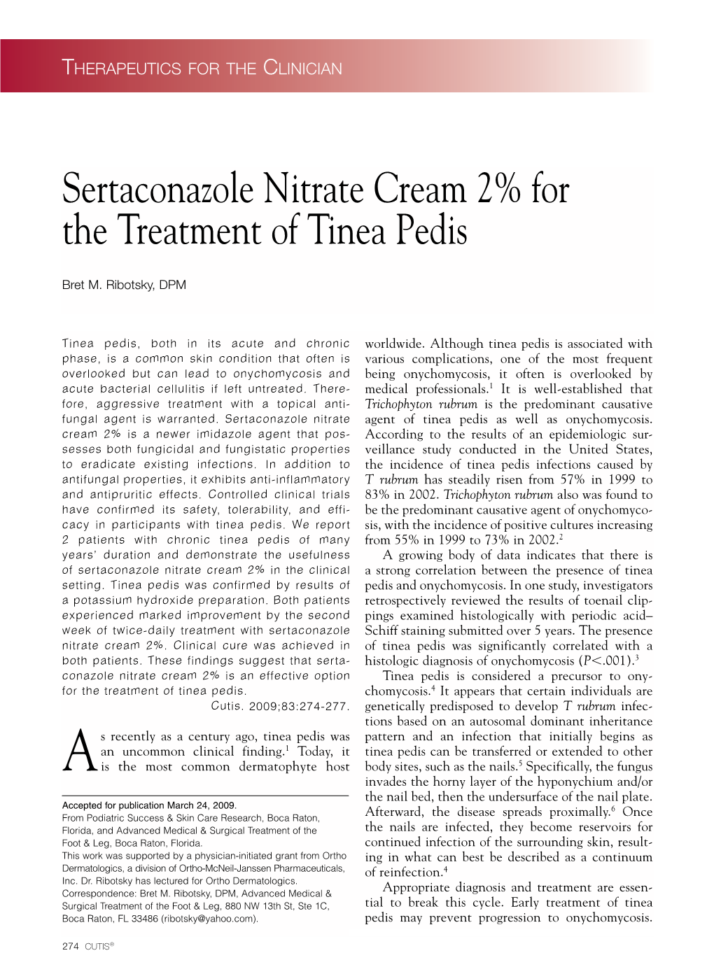 Sertaconazole Nitrate Cream 2% for the Treatment of Tinea Pedis