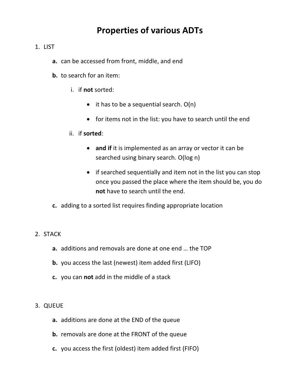 Properties of Various Adts