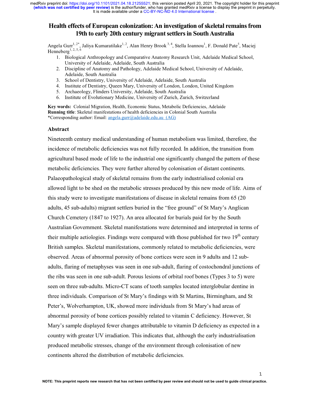 An Investigation of Skeletal Remains from 19Th to Early 20Th Century Migrant Settlers in South Australia