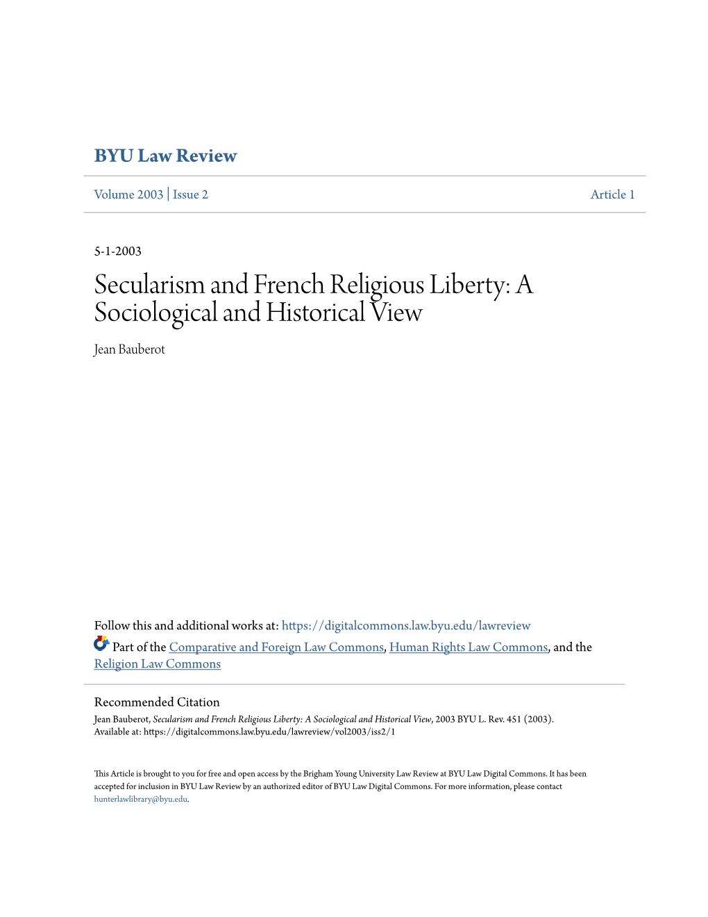 Secularism and French Religious Liberty: a Sociological and Historical View Jean Bauberot