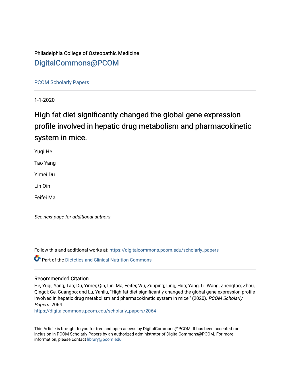 High Fat Diet Significantly Changed the Global Gene Expression Profile Involved in Hepatic Drug Metabolism and Pharmacokinetic System in Mice