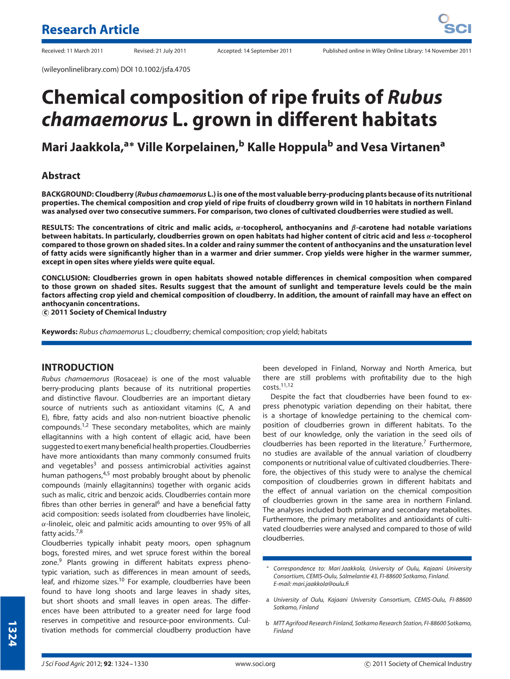 Chemical Composition of Ripe Fruits of Rubus Chamaemorus L. Grown In