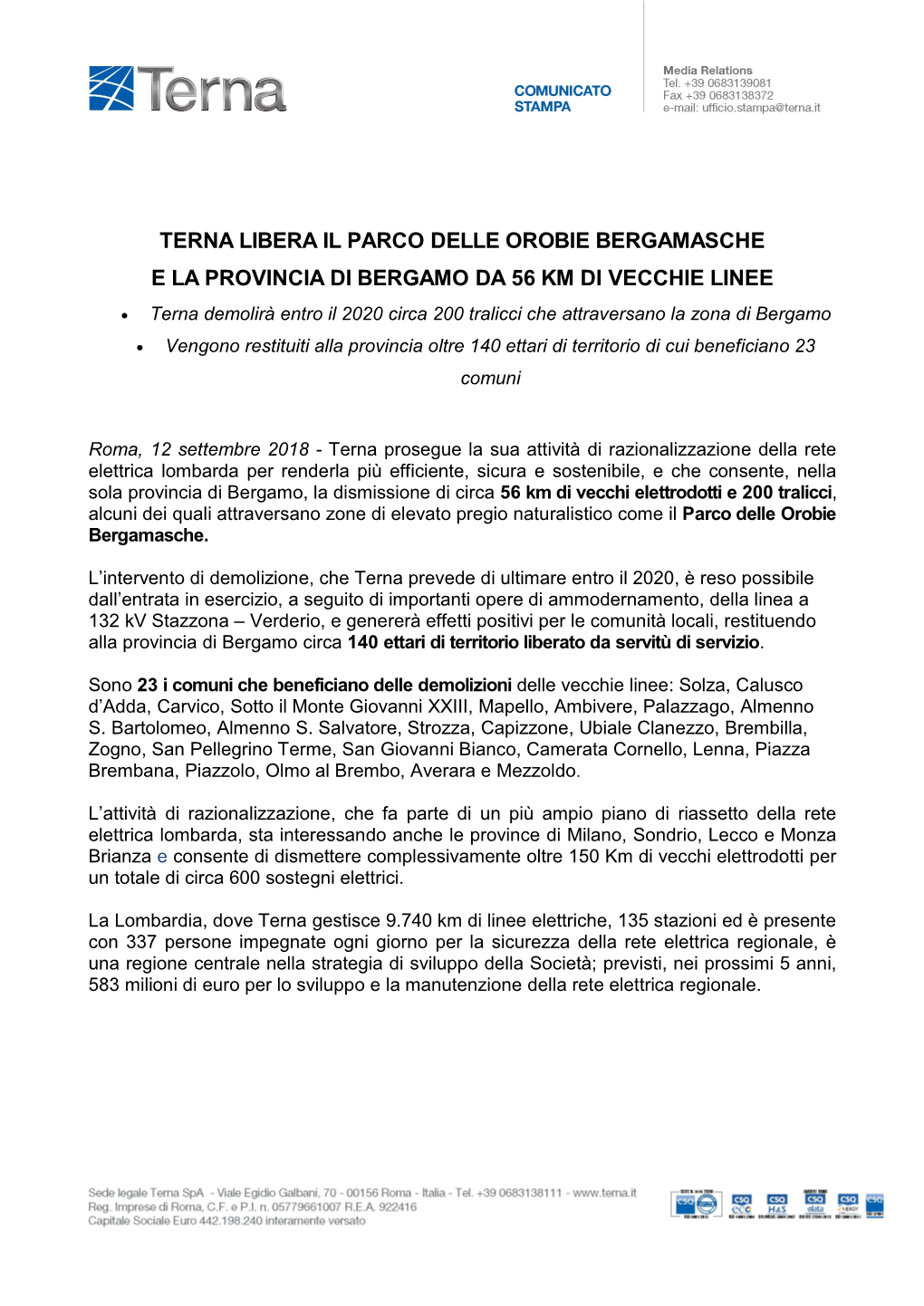 Terna Libera Il Parco Delle Orobie Bergamasche E La Provincia Di Bergamo Da 56 Km Di Vecchie Linee