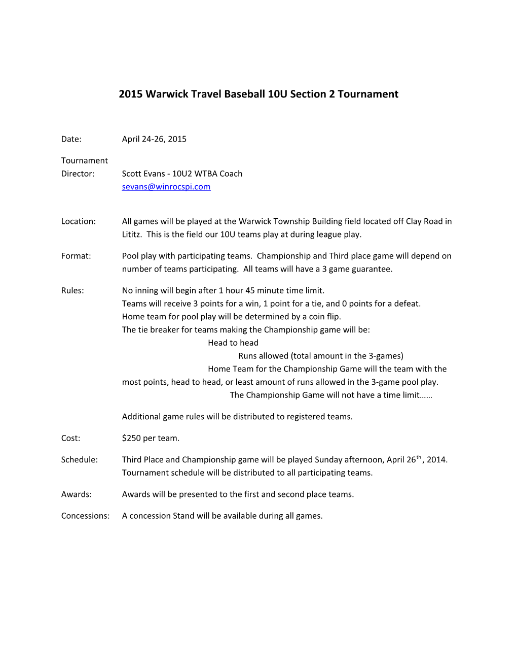 2015 Warwick Travel Baseball 10U Section 2 Tournament