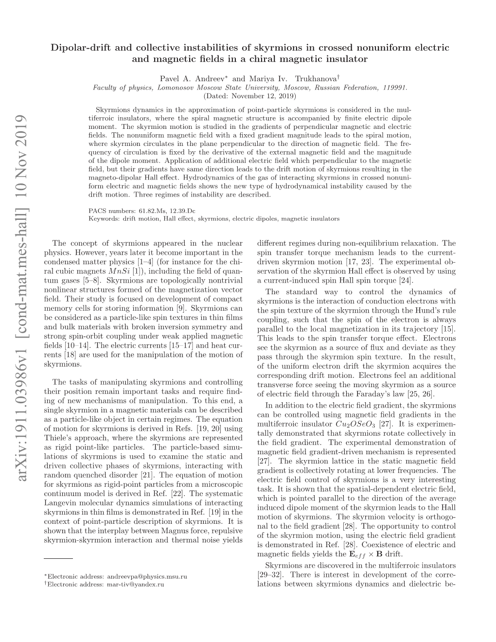 Dipolar-Drift and Collective Instabilities of Skyrmions in Crossed Nonuniform Electric and Magnetic Fields in a Chiral Magnetic Insulator