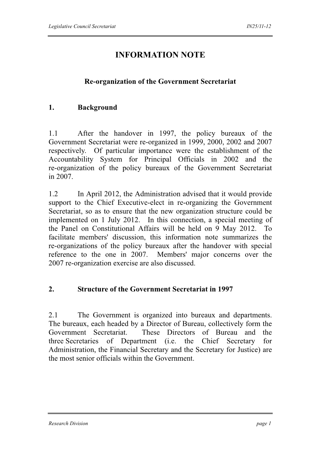 Re-Organization of the Government Secretariat