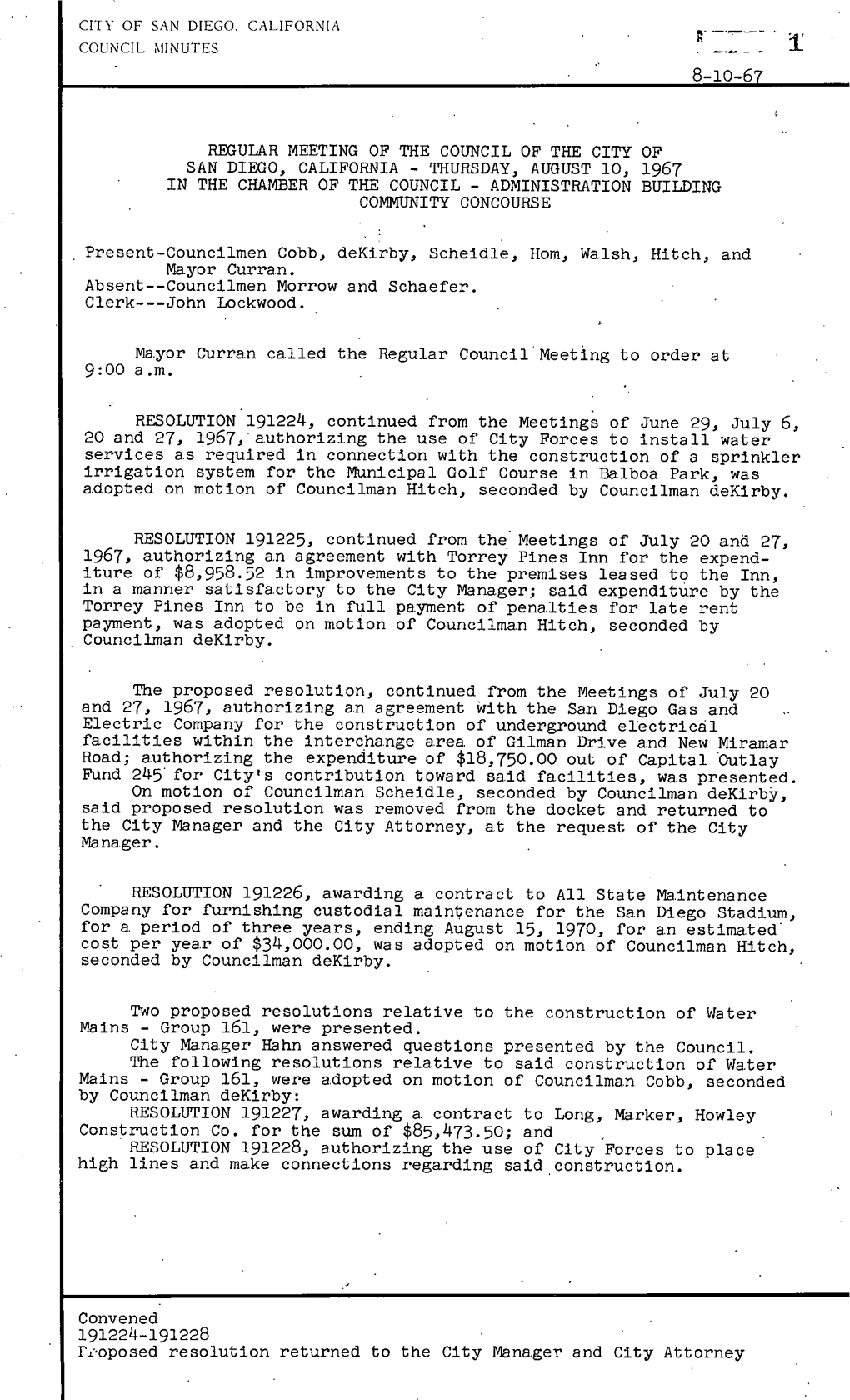 Minutes of Common Council Book 121 August 10, 1967