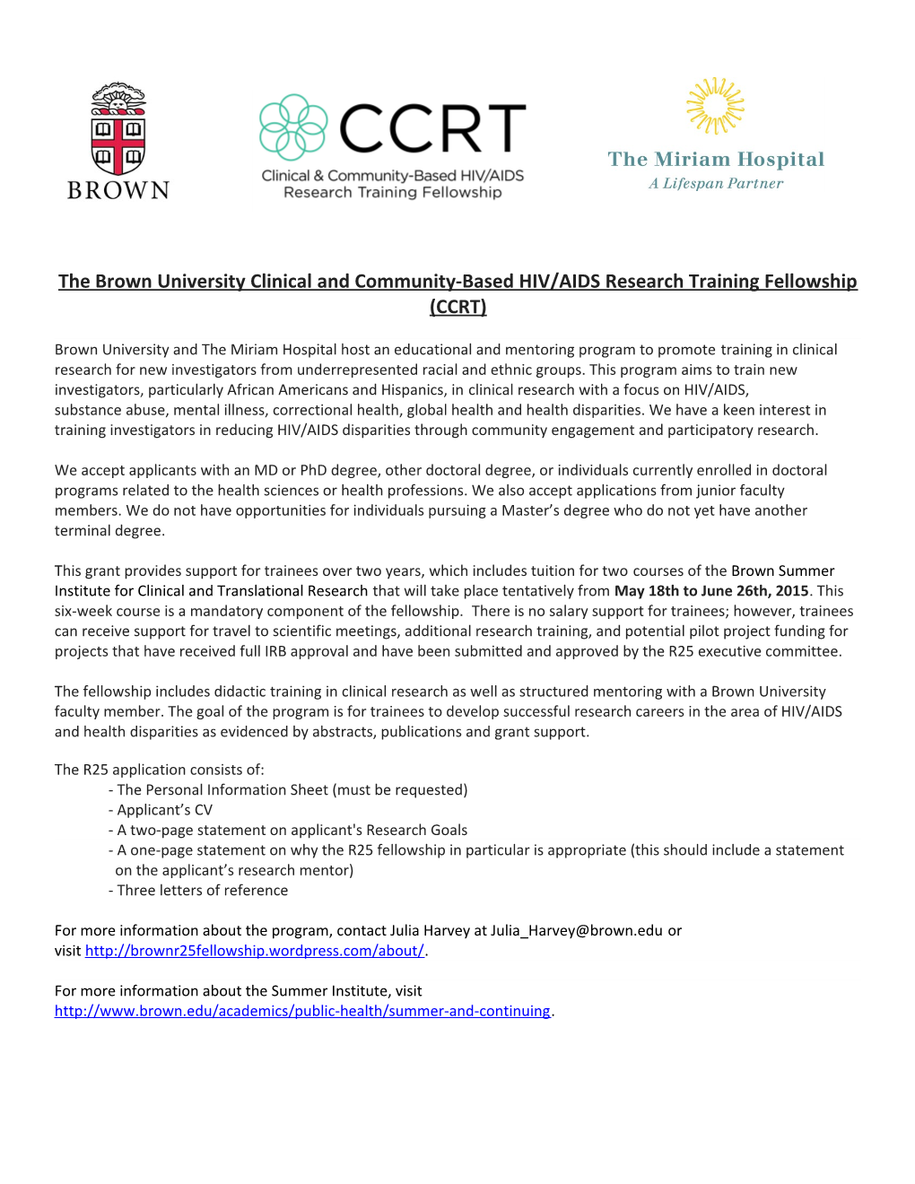 The Brown University Clinical and Community-Based HIV/AIDS Research Training Fellowship (CCRT)