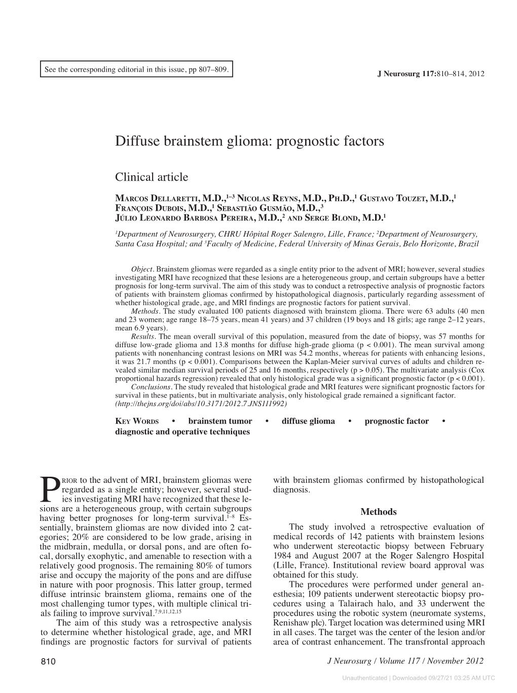 Diffuse Brainstem Glioma: Prognostic Factors