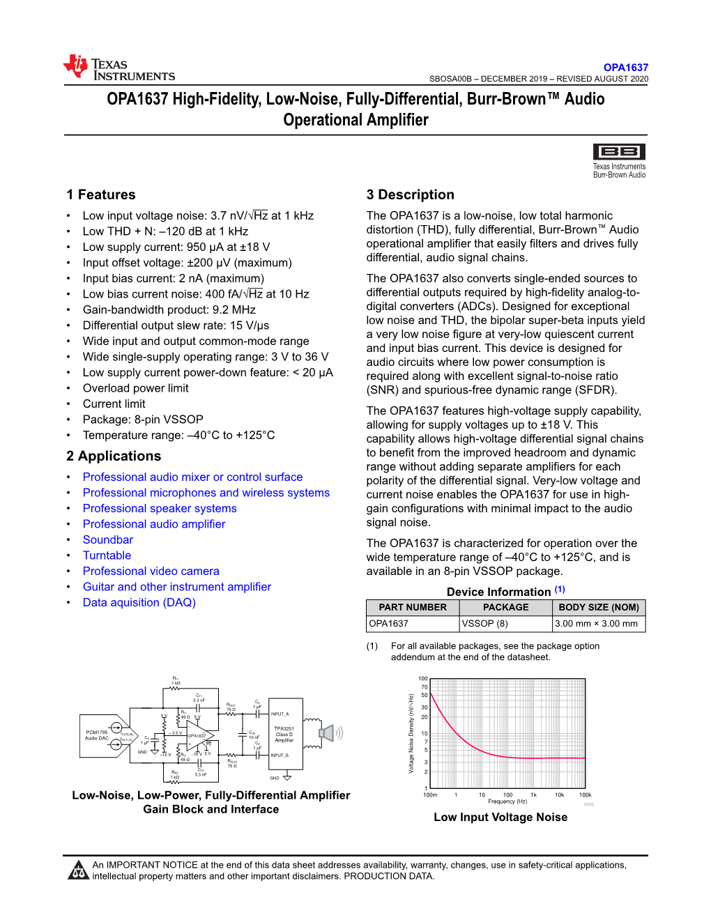 OPA1637 High-Fidelity, Low-Noise, Fully-Differential, Burr-Brown™ Audio Operational Amplifier