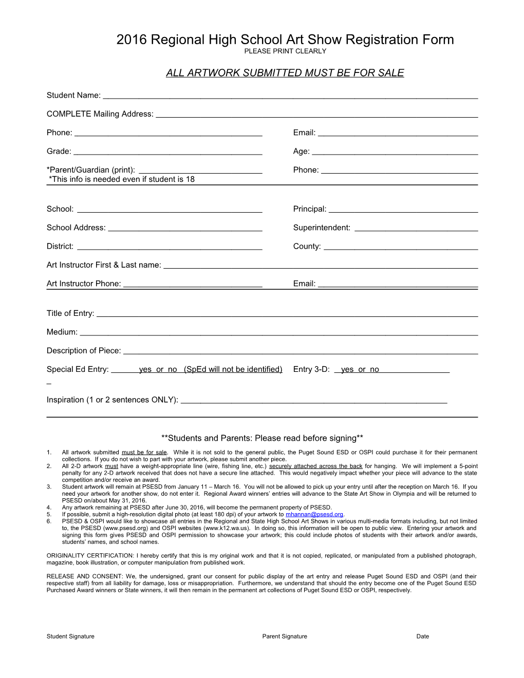 2011 Regional High School Art Show Registration Form