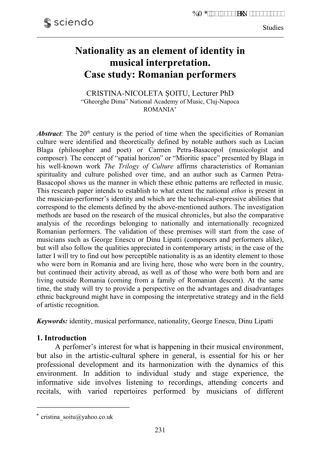 Nationality As an Element of Identity in Musical Interpretation. Case Study: Romanian Performers