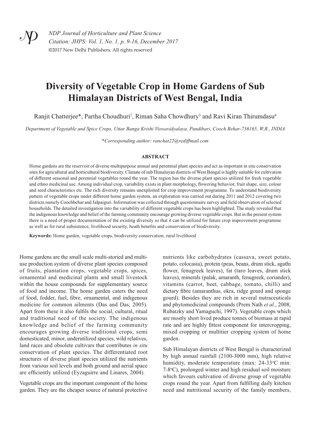 Diversity of Vegetable Crop in Home Gardens of Sub Himalayan Districts of West Bengal, India