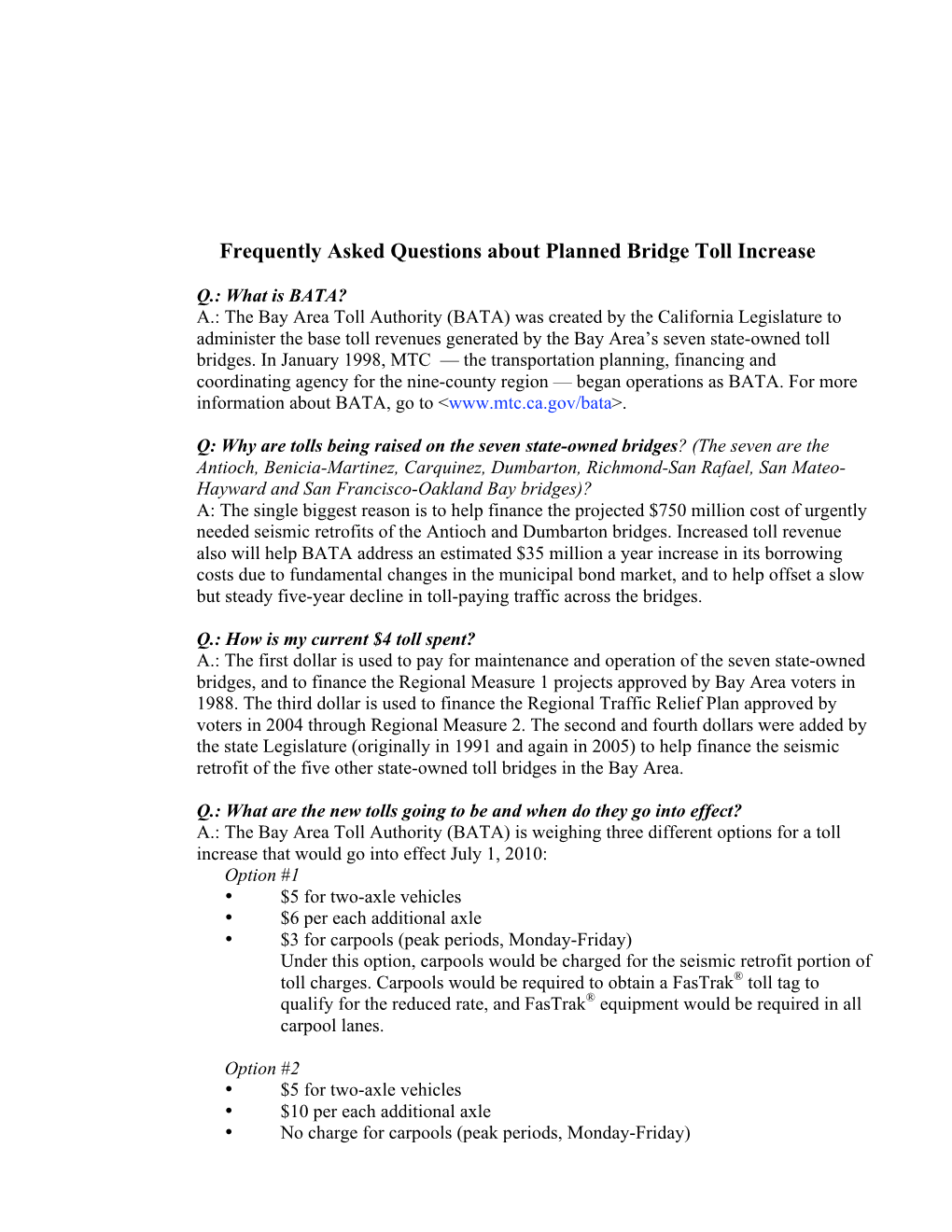 Frequently Asked Questions About Planned Bridge Toll Increase