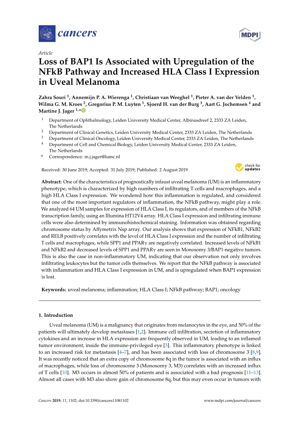 Loss of BAP1 Is Associated with Upregulation of the Nfkb Pathway and Increased HLA Class I Expression in Uveal Melanoma