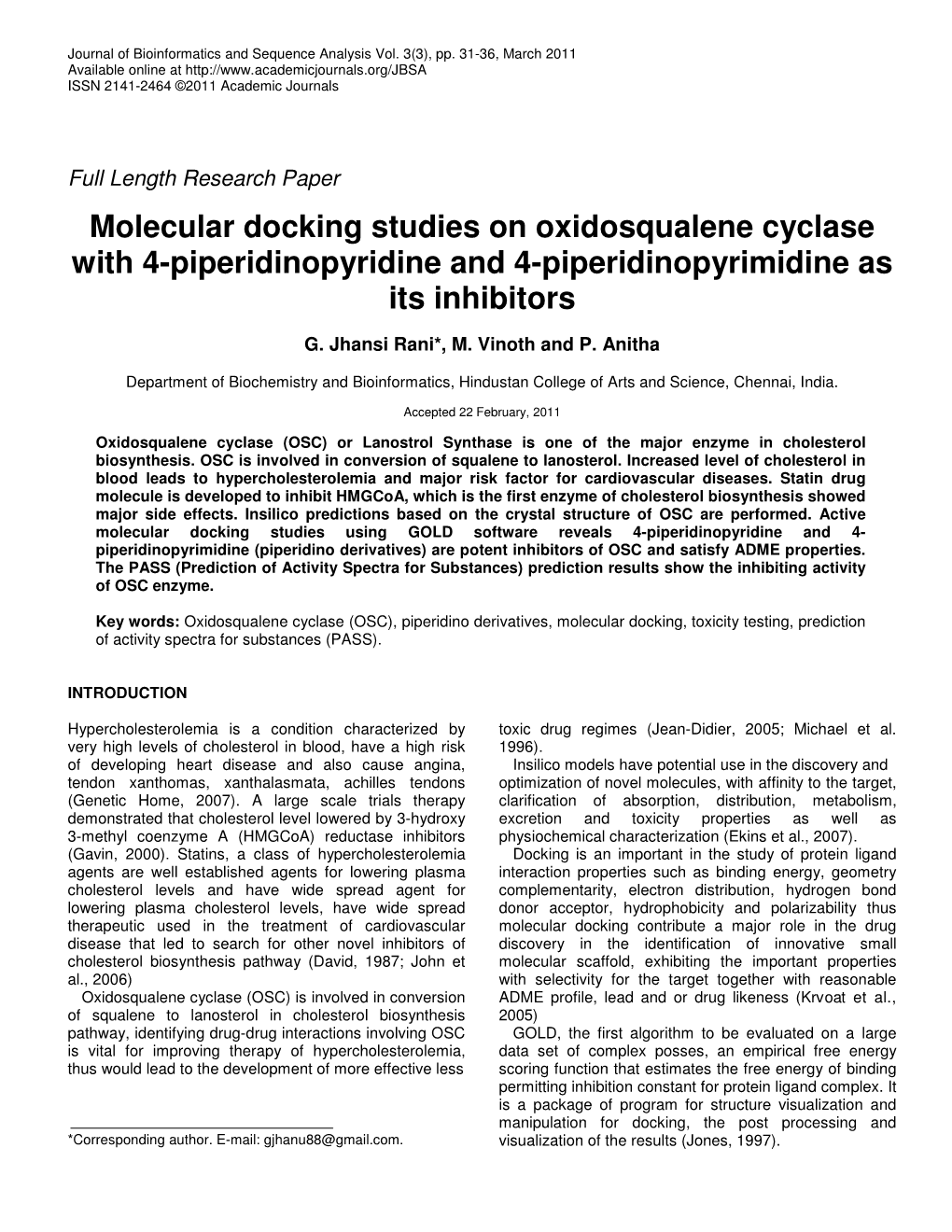 Molecular Docking Studies on Oxidosqualene Cyclase with 4-Piperidinopyridine and 4-Piperidinopyrimidine As Its Inhibitors