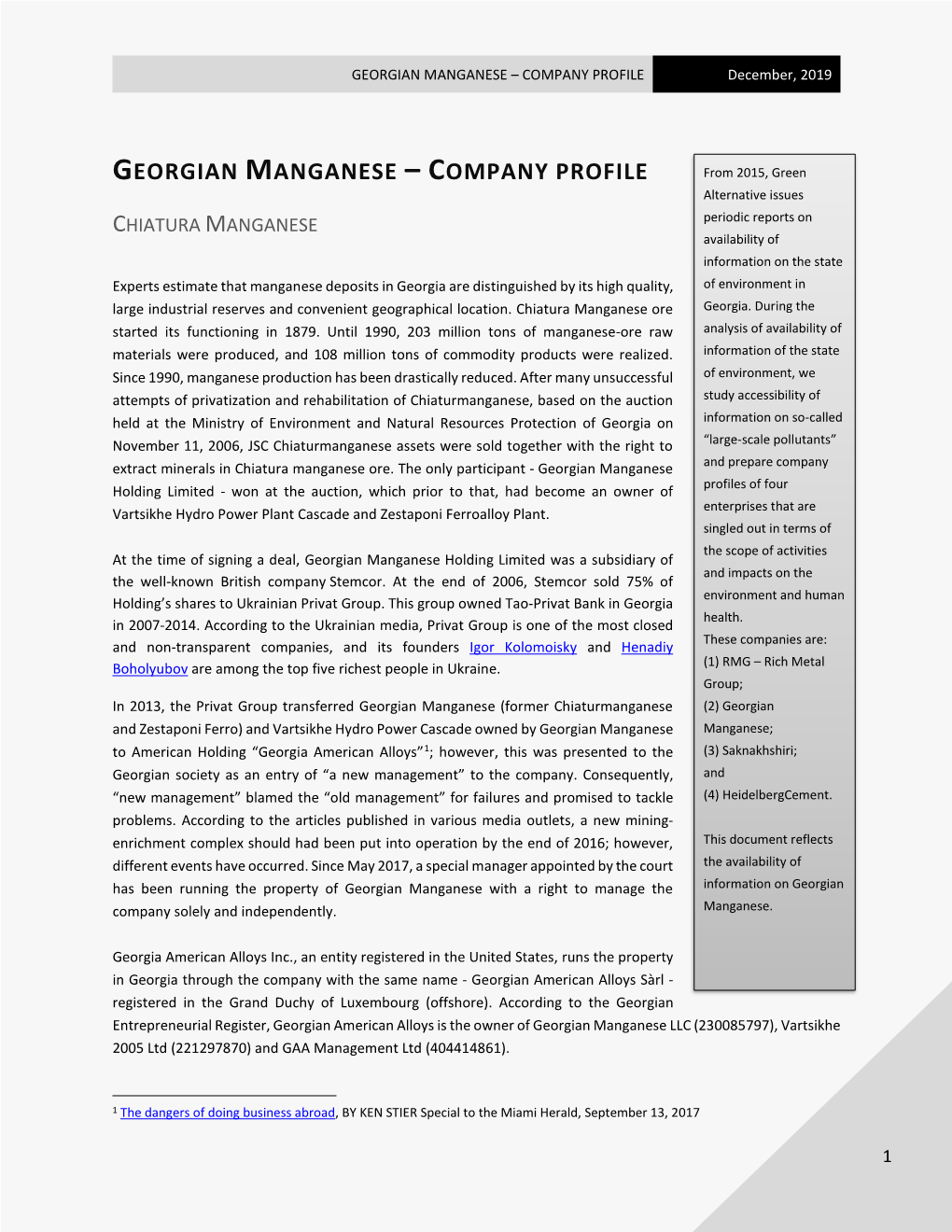 GEORGIAN MANGANESE – COMPANY PROFILE December, 2019