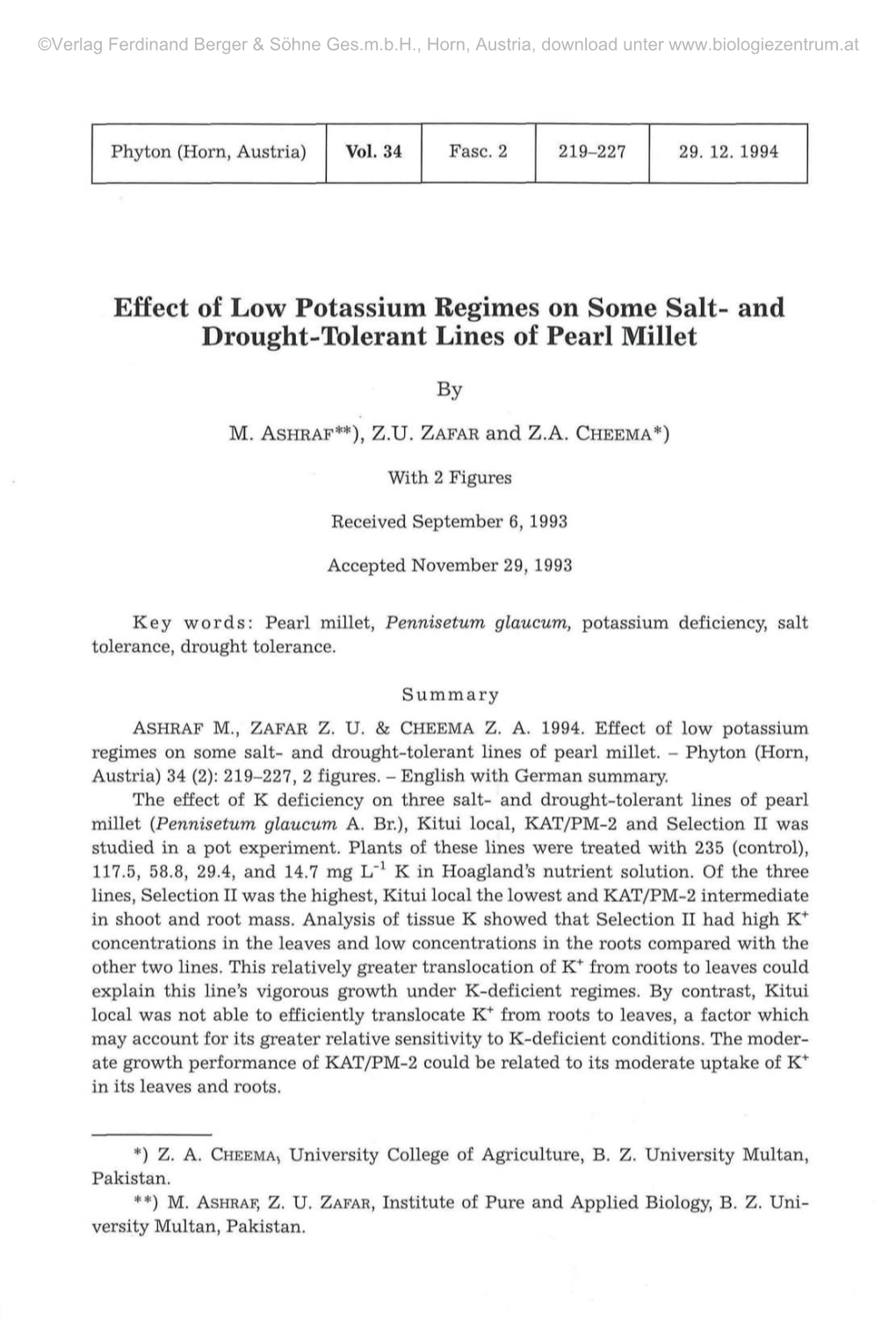 Effect of Low Potassium Regimes on Some Salt- and Drought-Tolerant Lines of Pearl Millet