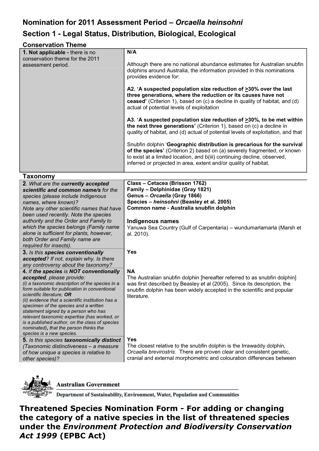 Threatened Species Nomination Form - Orcaella Heinsohni