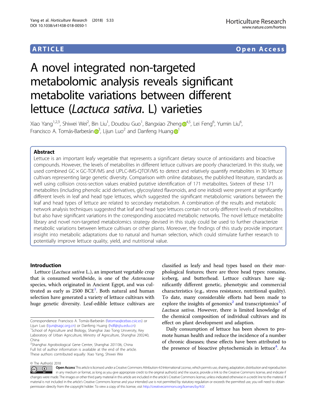 Lactuca Sativa.L)Varieties Xiao Yang1,2,3,Shiweiwei2,Binliu1,Doudouguo1, Bangxiao Zheng 4,5,Leifeng6,Yuminliu6, Francisco A