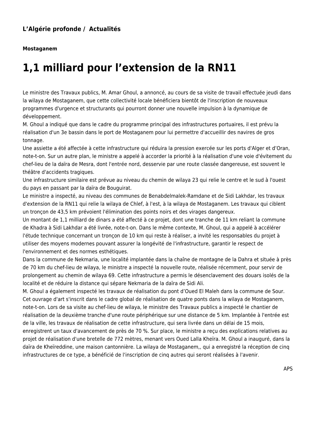 1,1 Milliard Pour L'extension De La RN11