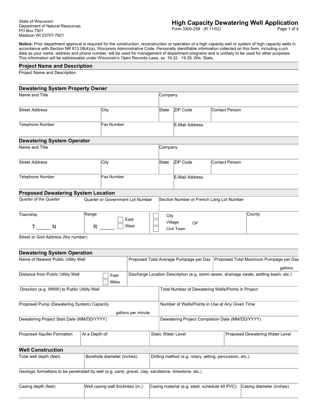 High Capacity Dewatering Well Application Department of Natural Resources PO Box 7921 Form 3300-258 (R 11/02) Page 1 of 4 Madison WI 53707-7921