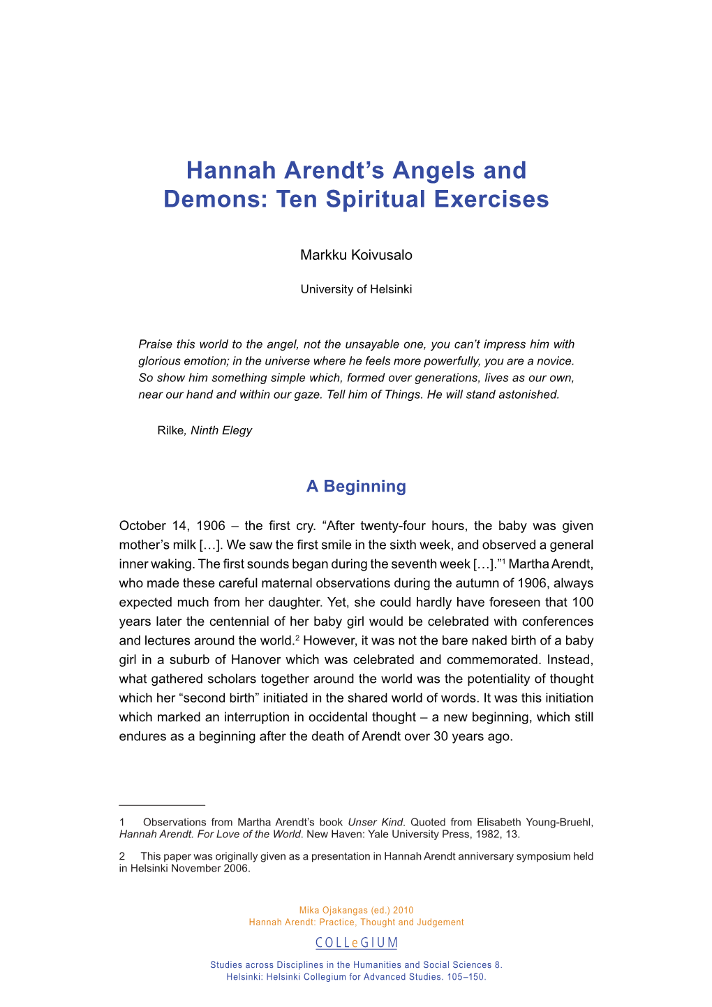 Hannah Arendt's Angels and Demons