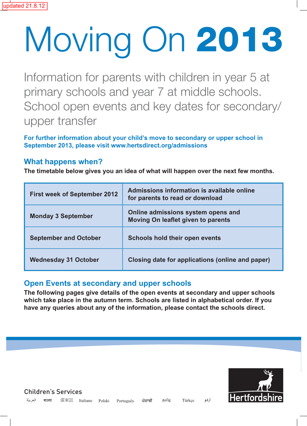 Information for Parents with Children in Year 5 at Primary Schools and Year 7 at Middle Schools