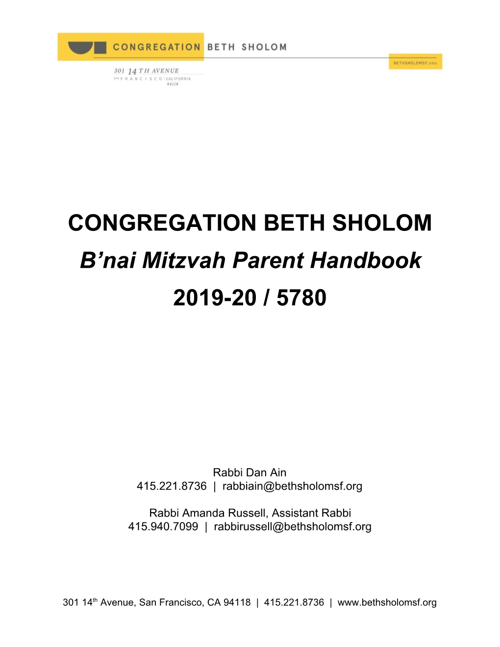 CONGREGATION BETH SHOLOM B'nai Mitzvah Parent Handbook