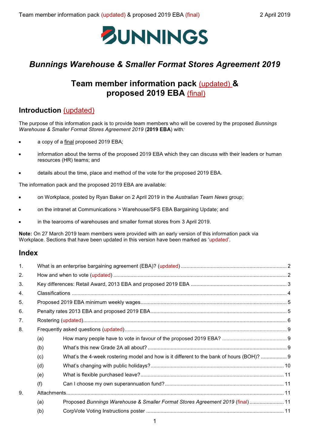 Bunnings Warehouse & Smaller Format Stores Agreement 2019