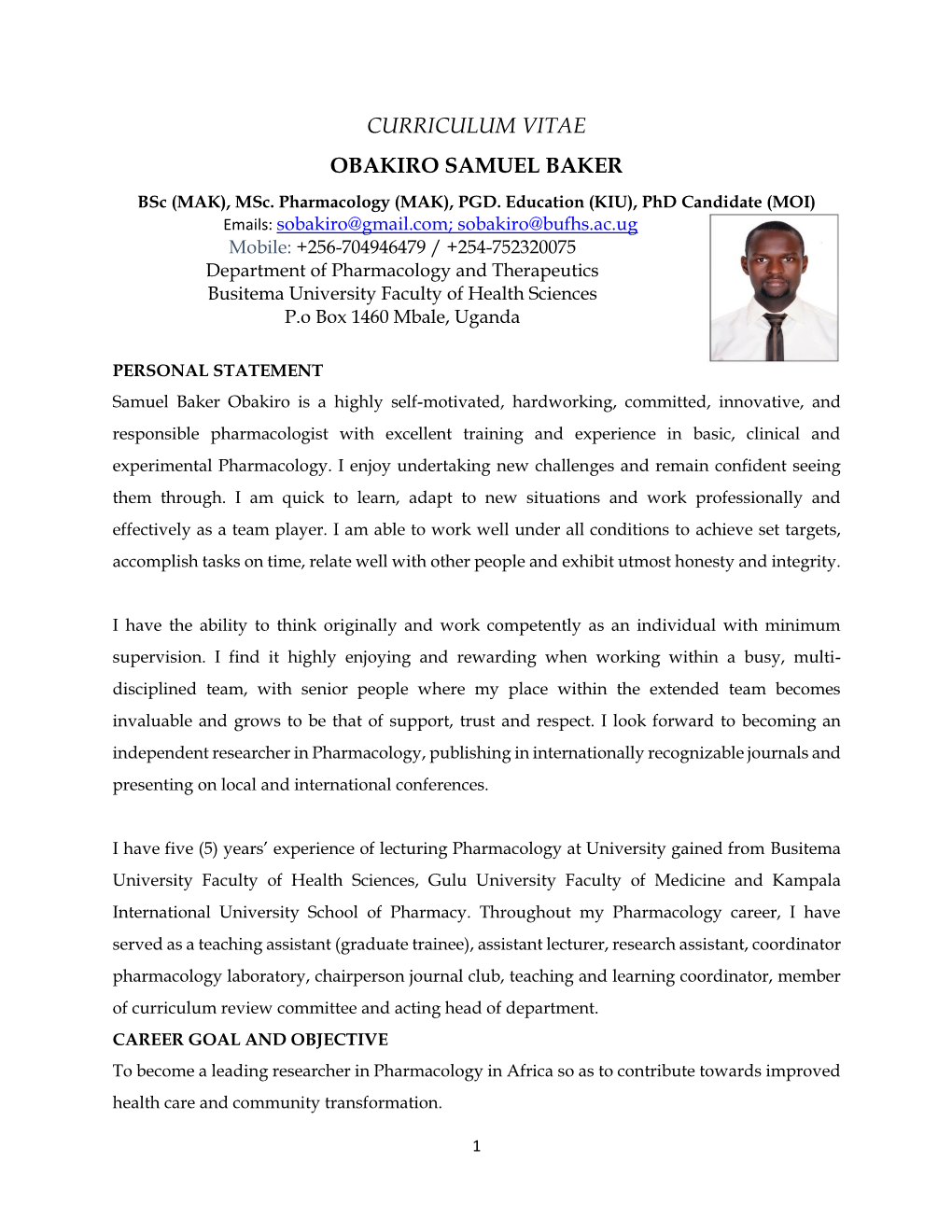 CURRICULUM VITAE OBAKIRO SAMUEL BAKER Bsc (MAK), Msc