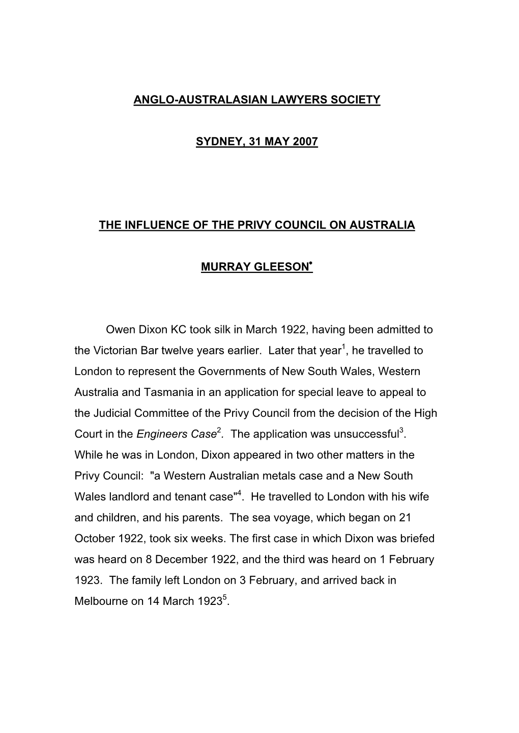 The Influence of the Privy Council on Australia, Anglo-Australian Lawyers