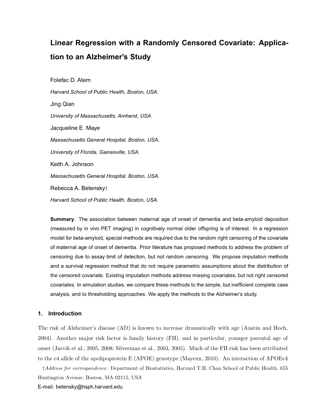 Linear Regression with a Randomly Censored Covariate: Applica- Tion to an Alzheimer’S Study