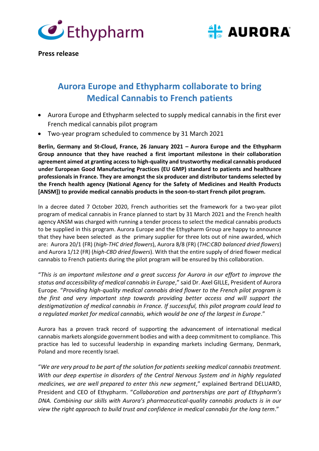 Aurora Europe and Ethypharm Collaborate to Bring Medical Cannabis to French Patients