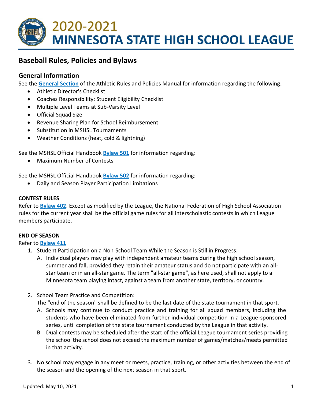 Baseball Rules, Policies and Bylaws