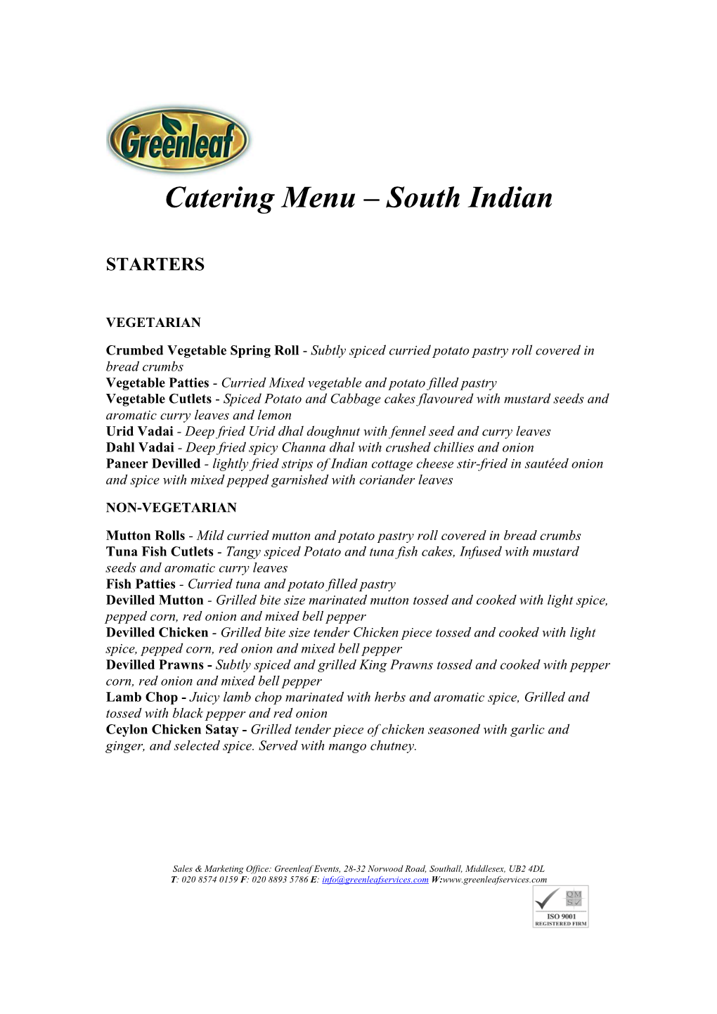 Catering Menu – South Indian