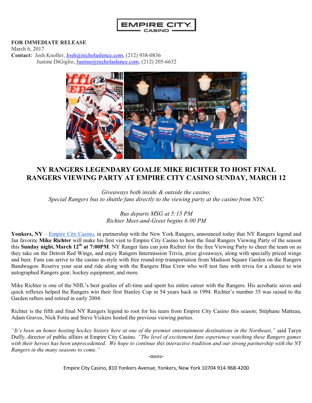 Ny Rangers Legendary Goalie Mike Richter to Host Final Rangers Viewing Party at Empire City Casino Sunday, March 12