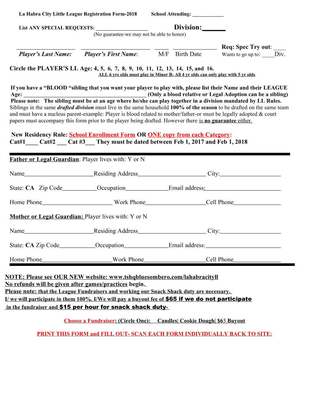 La Habra City Little League Registration Form