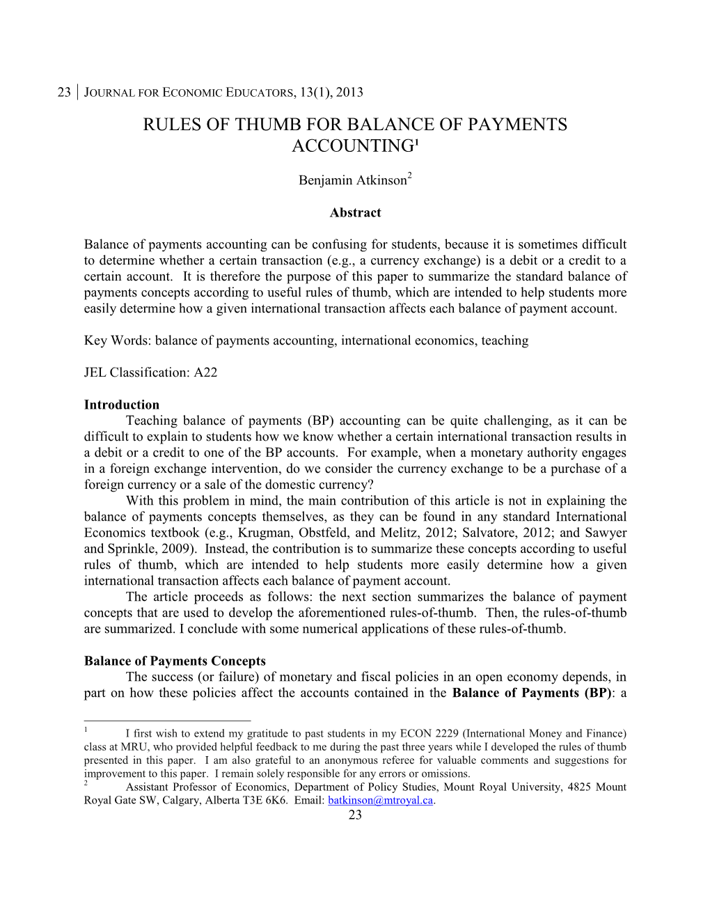 Rules of Thumb for Balance of Payments Accounting1