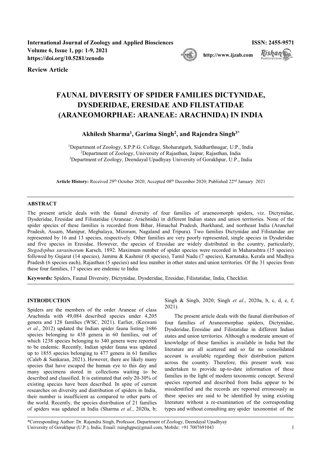 Faunal Diversity of Spider Families Dictynidae, Dysderidae, Eresidae and Filistatidae (Araneomorphae: Araneae: Arachnida) in India