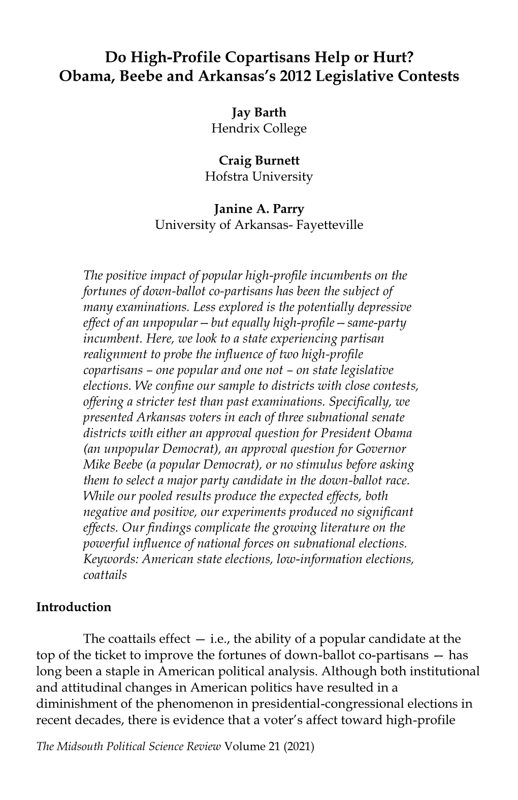 Do High-Profile Copartisans Help Or Hurt? Obama, Beebe and Arkansas’S 2012 Legislative Contests