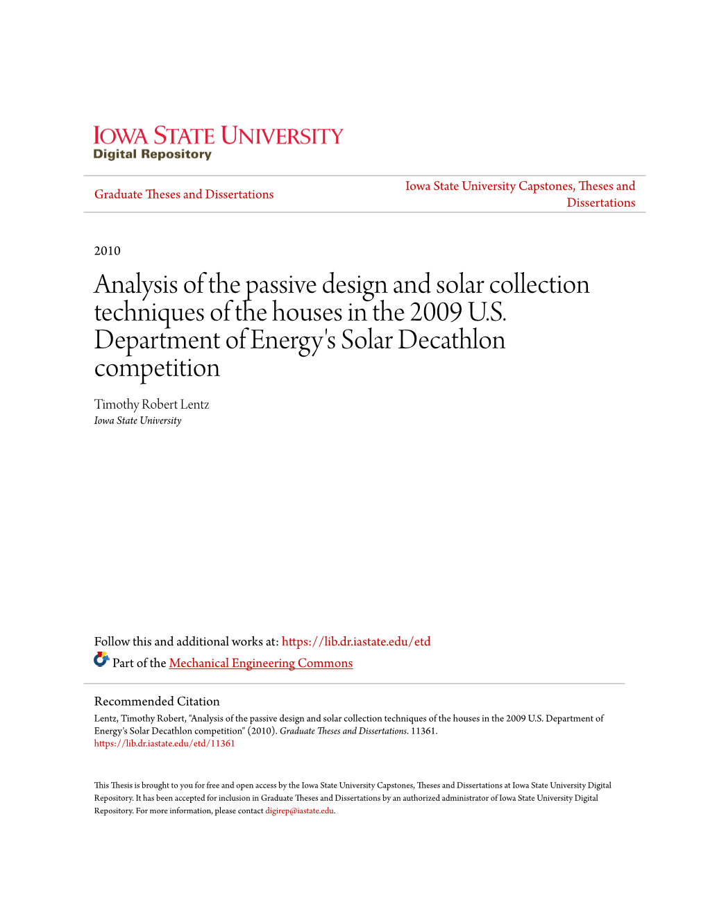 Analysis of the Passive Design and Solar Collection Techniques of the Houses in the 2009 U.S