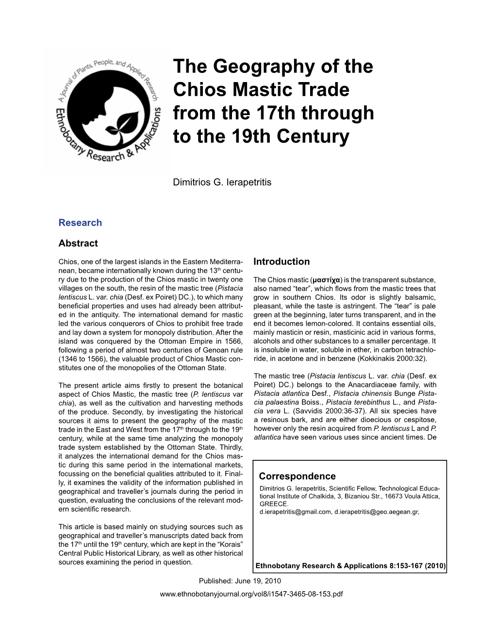 The Geography of the Chios Mastic Trade from the 17Th Through to the 19Th Century