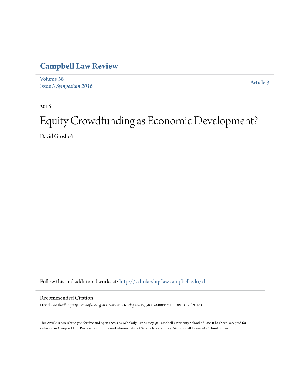 Equity Crowdfunding As Economic Development? David Groshoff