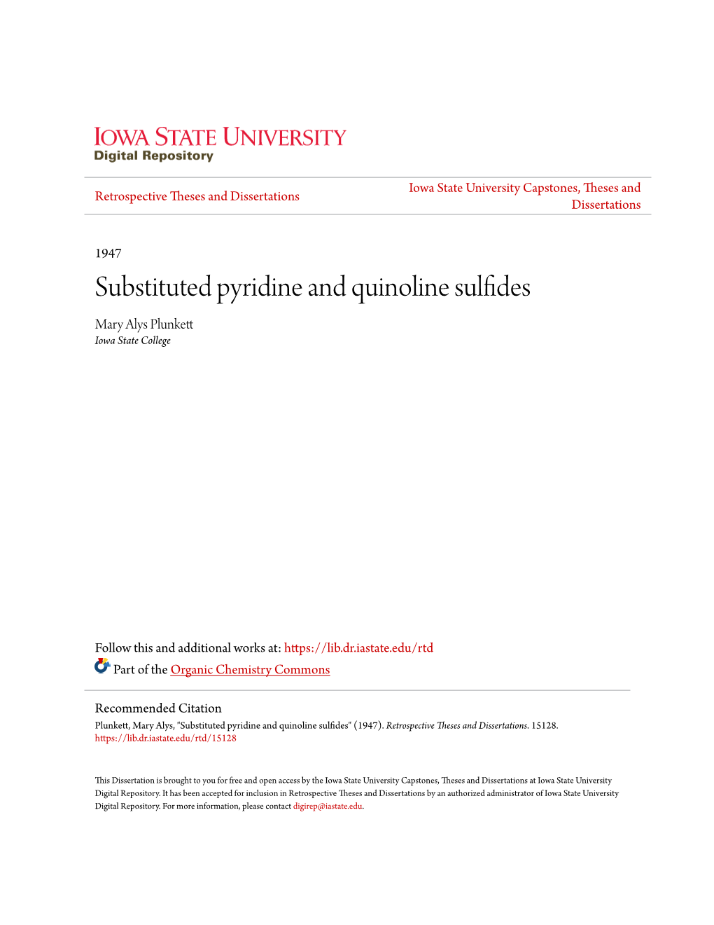 Substituted Pyridine and Quinoline Sulfides Mary Alys Plunkett Iowa State College
